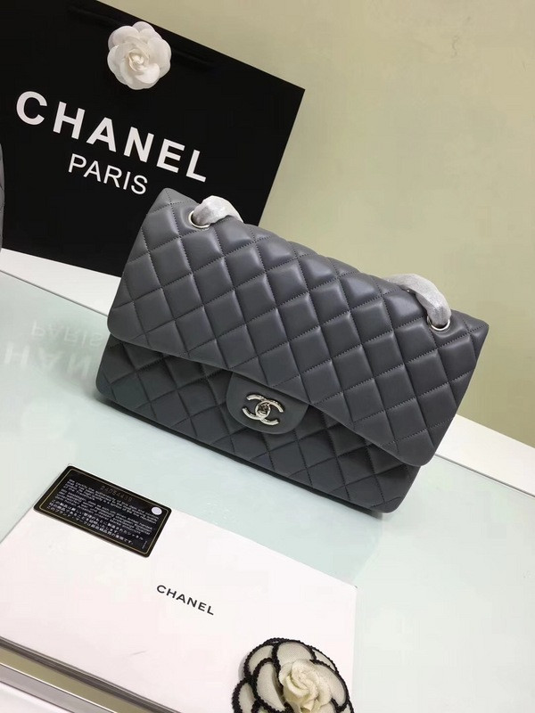 CL 1112 Grey Large Size 30cm Lambskin Leather Flap Bag With Gold/Silver Hardware