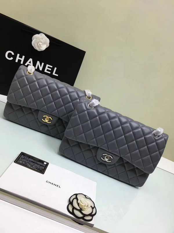 CL 1112 Grey Large Size 30cm Lambskin Leather Flap Bag With Gold/Silver Hardware
