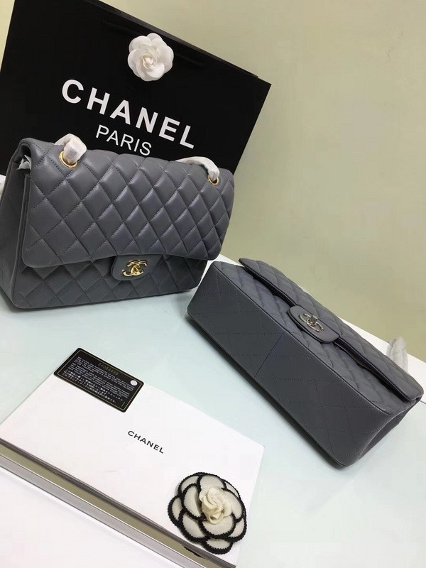CL 1112 Grey Large Size 30cm Lambskin Leather Flap Bag With Gold/Silver Hardware