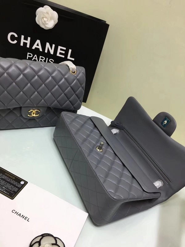 CL 1112 Grey Large Size 30cm Lambskin Leather Flap Bag With Gold/Silver Hardware