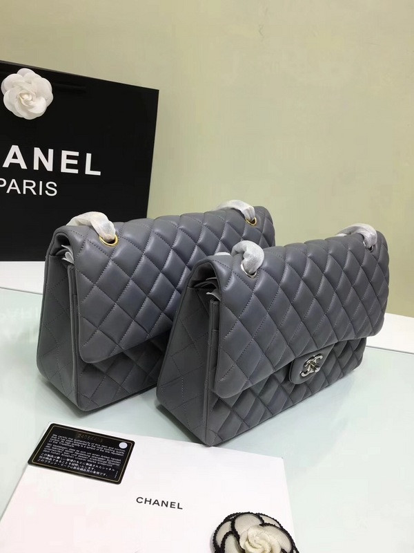 CL 1112 Grey Large Size 30cm Lambskin Leather Flap Bag With Gold/Silver Hardware