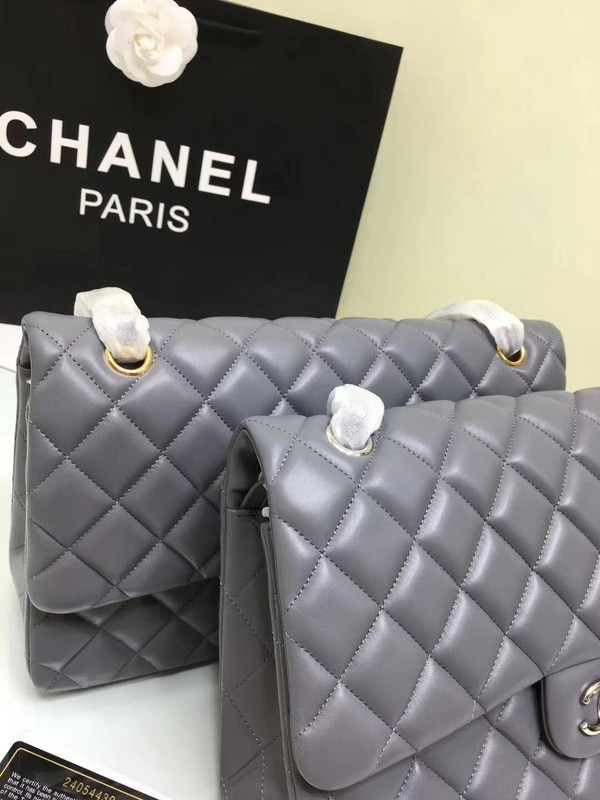 CL 1112 Grey Large Size 30cm Lambskin Leather Flap Bag With Gold/Silver Hardware