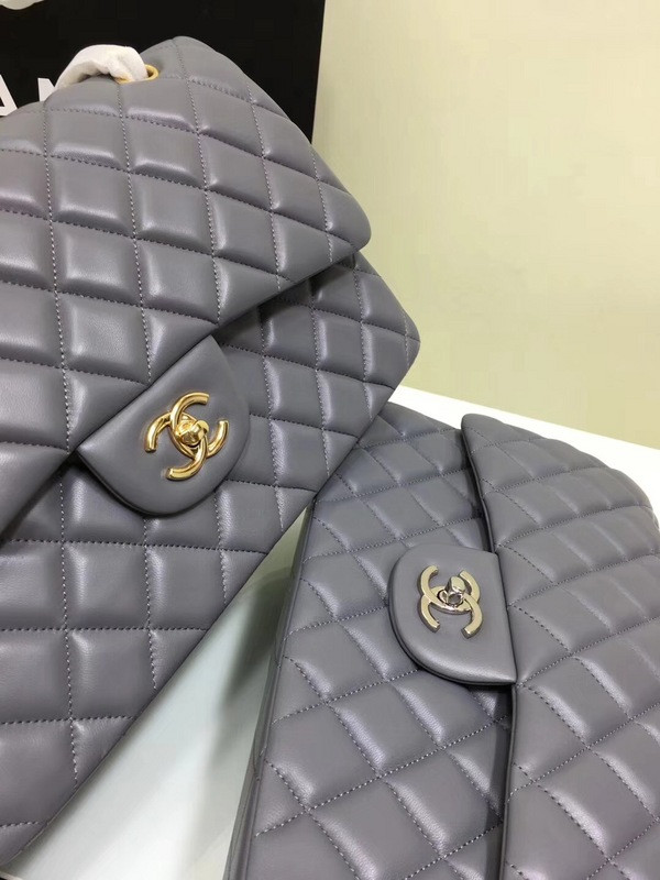 CL 1112 Grey Large Size 30cm Lambskin Leather Flap Bag With Gold/Silver Hardware