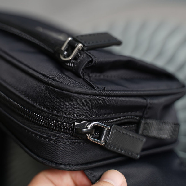 Pra*a navy re-nylon and saffiano leather shoulder bag