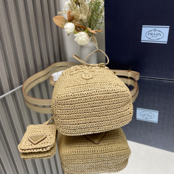 Pra*a tcrochet and leather bucket bag-20*17*12cm